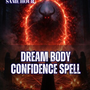 May include: A digital graphic featuring five yellow stars, the text 5 REVIEWS SAME HOUR, DREAM BODY CONFIDENCE SPELL, and AURA&ENERGY READING. The image depicts a dark, horned silhouette standing within a glowing red portal above hooded figures.
