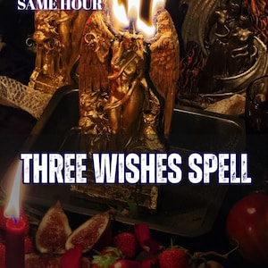 May include: A gold-colored candle shaped like a winged figure with three lit wicks. The text reads 5 REVIEWS SAME HOUR, THREE WISHES SPELL, and AURA & ENERGY READING. Fresh strawberries and fig slices are arranged in the foreground near a red candle.