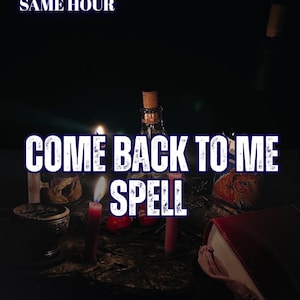 May include: A dark scene featuring two lit pink candles, a glass bottle with a cork stopper, and a book with a red cover. The text reads 5 REVIEWS SAME HOUR, COME BACK TO ME SPELL, and AURA & ENERGY READING in white capital letters against the dark background.