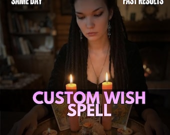 May include: A person with dark dreadlocks wearing a black top, positioned behind two lit orange candles and tarot cards. Text overlays read SAME DAY, FAST RESULTS, CUSTOM WISH SPELL, and 100% GENUINE AND GUARANTEED in white and pink lettering.