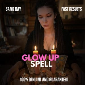 May include: Two tall pink candles illuminate a dark setting with tarot cards and small tea lights. The text reads SAME DAY, FAST RESULTS, GLOW UP SPELL, and 100% GENUINE AND GUARANTEED. The scene features a person with dark hair in a black top.