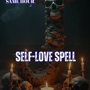 May include: A dark, textured, J-shaped sculpture topped with a human skull, surrounded by several smaller skulls and lit candles. The text reads 5 REVIEWS SAME HOUR, SELF-LOVE SPELL, and AURA&ENERGY READING in white and blue lettering.