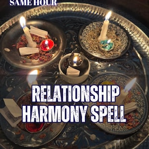 May include: A large silver-toned metal tray holding four small dishes with lit candles, dried herbs, and folded white paper slips. The text "5 REVIEWS SAME HOUR", "RELATIONSHIP HARMONY SPELL", and "AURA & ENERGY READING" is overlaid on the image.
