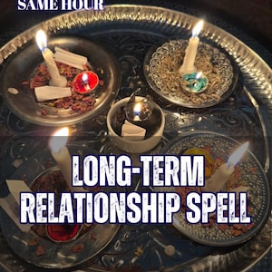May include: A large silver tray holding four small metal plates and a central white bowl, each containing lit candles, dried herbs, and small paper slips. The text reads 5 REVIEWS SAME HOUR, LONG-TERM RELATIONSHIP SPELL, and AURA & ENERGY READING.