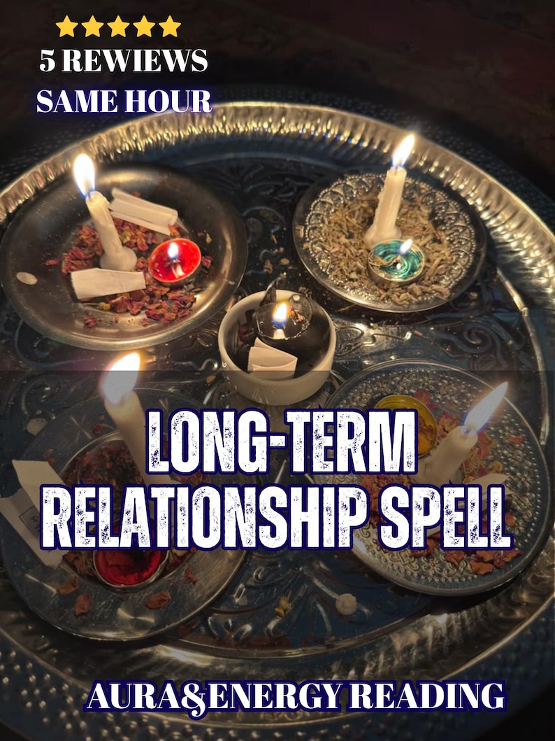 May include: A large silver tray holding four small metal plates and a central white bowl, each containing lit candles, dried herbs, and small paper slips. The text reads 5 REVIEWS SAME HOUR, LONG-TERM RELATIONSHIP SPELL, and AURA & ENERGY READING.