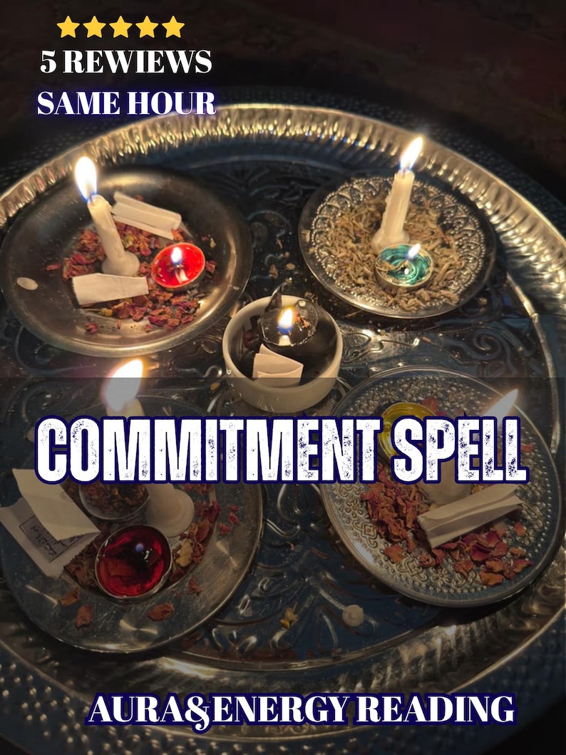 May include: A large silver tray holding four small metal plates and a central white bowl, each containing lit candles, dried flower petals, herbs, and folded white paper slips. The text reads 5 REVIEWS SAME HOUR, COMMITMENT SPELL, AURA & ENERGY READING.