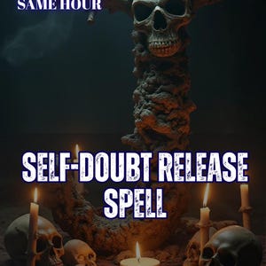 Könnte beinhalten: Eine dunkle Szene mit einer zentralen, texturierten Totenkopfskulptur, umgeben von mehreren kleineren Totenköpfen und brennenden Kerzen. Der Text lautet 5 REVIEWS SAME HOUR, SELF-DOUBT RELEASE SPELL und AURA & ENERGY READING in blauer und weißer Schrift.
