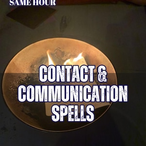 Può includere: Una ciotola metallica rotonda contenente un piccolo fuoco con carta che brucia. Il testo recita 5 REVIEWS SAME HOUR, CONTACT & COMMUNICATION SPELLS e AURA & ENERGY READING. La ciotola è scura con un bagliore caldo proveniente dalle fiamme.