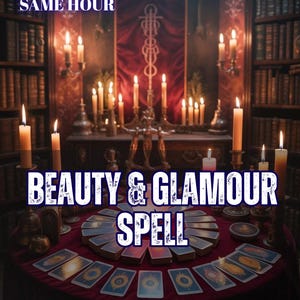 May include: A round table covered in a dark red cloth features a circular arrangement of tarot cards, surrounded by numerous lit candles in brass holders. Text reads 5 REVIEWS SAME HOUR, BEAUTY & GLAMOUR SPELL, and AURA & ENERGY READING.