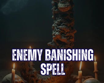 May include: A dark scene featuring a large, textured, stone-like skull sculpture at the center, surrounded by several smaller skulls and lit candles. Text reads: 5 REVIEWS SAME HOUR, ENEMY BANISHING SPELL, and AURA & ENERGY READING.