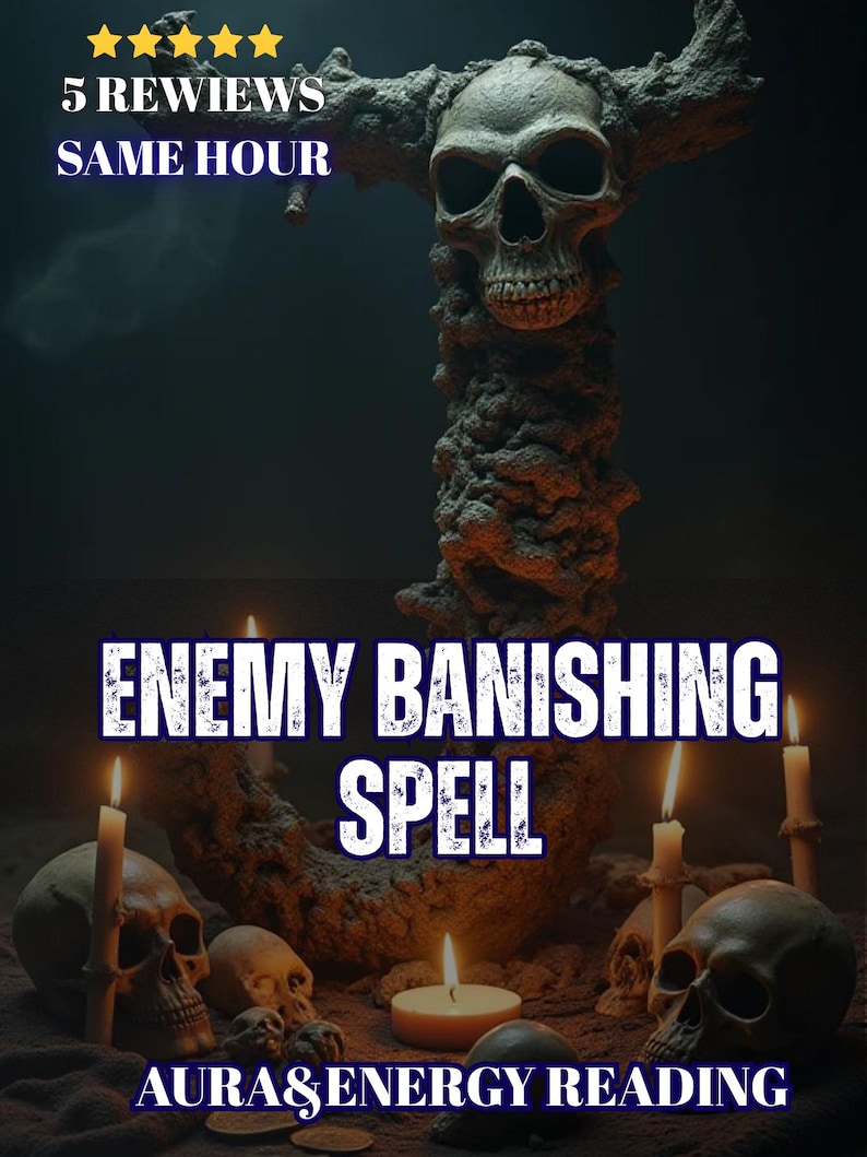 Puede incluir: Una escena oscura con una gran escultura de cr&aacute;neo texturizada, similar a la piedra, rodeada de varios cr&aacute;neos m&aacute;s peque&ntilde;os y velas encendidas. El texto dice: 5 REVIEWS SAME HOUR, ENEMY BANISHING SPELL, AURA & ENERGY READING.