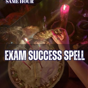 May include: A ritual setup featuring a round ceramic plate filled with white powder, a metallic key, and three thin red candles. A hand holds a bundle of dried sage emitting smoke near a tall, textured red candle. Text reads: 5 REVIEWS SAME HOUR EXAM SUCCESS SPELL AURA&ENERGY READING.