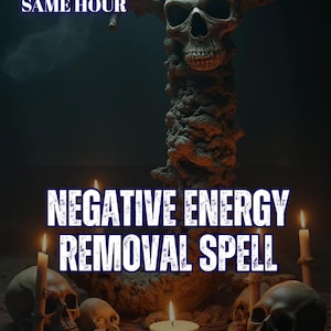 May include: A dark, textured sculpture featuring a central skull atop a pillar, surrounded by multiple smaller skulls and lit candles. The text reads 5 REVIEWS SAME HOUR, NEGATIVE ENERGY REMOVAL SPELL, and AURA & ENERGY READING in bold white lettering.
