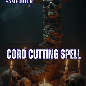 Könnte beinhalten: Eine texturierte, J-förmige Skulptur mit einem menschlichen Schädel an der Spitze, umgeben von mehreren kleineren Schädeln und brennenden Kerzen. Das Bild enthält den Text 5 REVIEWS SAME HOUR, CORD CUTTING SPELL und AURA&ENERGY READING.