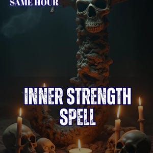 Pode incluir: Uma escultura escura e texturizada com um crânio central sobre um pilar, rodeado por vários crânios humanos e velas acesas. O texto diz 5 REVIEWS SAME HOUR, INNER STRENGTH SPELL e AURA&ENERGY READING em letras brancas e azuis.
