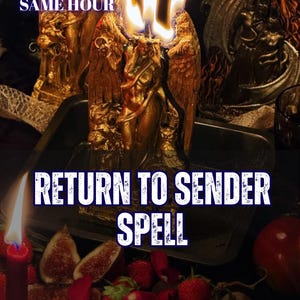 Puede incluir: Una vela dorada con forma de figura alada con tres mechas encendidas. El texto en la imagen dice 5 REVIEWS SAME HOUR, RETURN TO SENDER SPELL y AURA & ENERGY READING. La vela está rodeada de fresas, rodajas de higo y una vela roja.