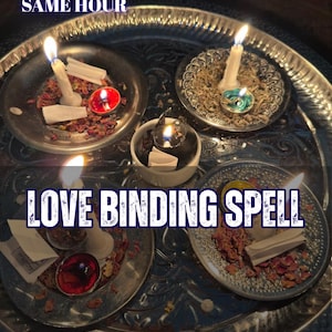 May include: A large silver tray holding four small metal plates and a central white bowl, each containing lit candles, dried herbs, and folded white paper slips. The text reads 5 REVIEWS SAME HOUR, LOVE BINDING SPELL, and AURA & ENERGY READING.