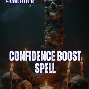 May include: A dark, textured sculpture featuring a central skull atop a pillar, surrounded by several smaller skulls and lit candles. The text reads 5 REVIEWS SAME HOUR, CONFIDENCE BOOST SPELL, and AURA&ENERGY READING in white and blue lettering.