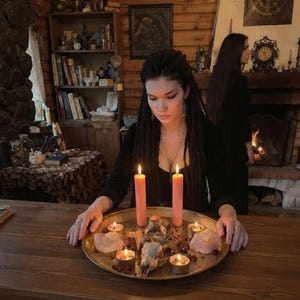 May include: A large round brass tray holding two tall pink pillar candles, four small tea light candles, two large raw quartz crystals, a small glass bottle, and an animal skull, all arranged on a wooden table in a rustic room.