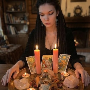 May include: A round brass tray holding two tall pink pillar candles, four small tea light candles, three tarot cards, a small glass bottle, two large raw rose quartz crystals, and a ram skull, all arranged on a wooden surface.