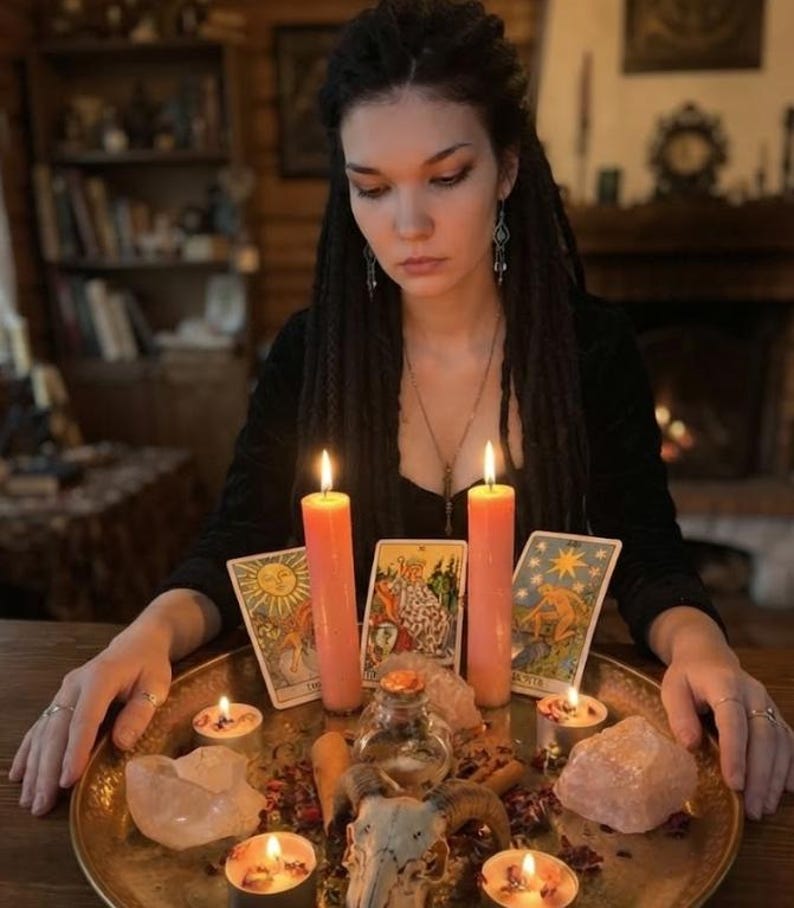 May include: A round brass tray holding two tall pink pillar candles, four small tea light candles, three tarot cards, a small glass bottle, two large raw rose quartz crystals, and a ram skull, all arranged on a wooden surface.