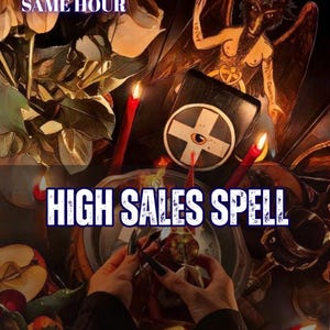 May include: A digital graphic featuring the text 5 REVIEWS SAME HOUR, HIGH SALES SPELL, and AURA&ENERGY READING. The image displays a dark scene with red candles, a Baphomet figure, a book with a cross and eye symbol, and sliced apples.
