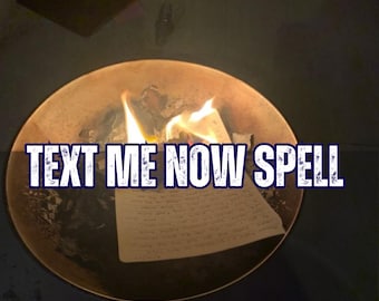 May include: A round copper-colored metal bowl containing burning paper with visible handwritten text. The image features the text 5 REVIEWS SAME HOUR, TEXT ME NOW SPELL, and AURA&ENERGY READING in white and blue lettering against the dark background.