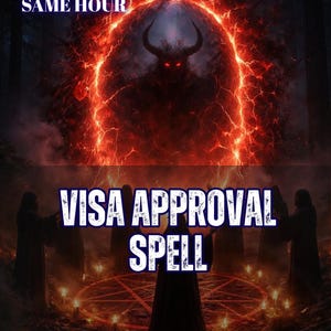 Peut inclure: Un graphique numérique avec le texte 5 REVIEWS SAME HOUR, VISA APPROVAL SPELL et AURA&ENERGY READING. L'image montre une silhouette sombre à cornes devant un portail circulaire rougeoyant, entourée de personnages vêtus de robes sombres.