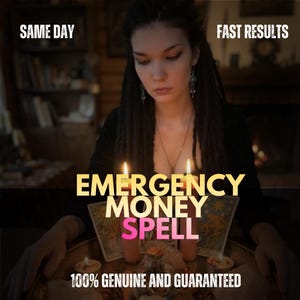 May include: A person with dark hair sits behind two lit candles and tarot cards. Text reads: SAME DAY, FAST RESULTS, EMERGENCY MONEY SPELL, 100% GENUINE AND GUARANTEED. The scene is dimly lit with a warm glow from the candles illuminating the foreground.