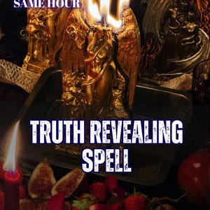 Puede incluir: Una vela de color dorado con forma de figura alada con tres mechas encendidas. El texto en la imagen dice 5 REVIEWS SAME HOUR, TRUTH REVEALING SPELL y AURA&ENERGY READING. Fresas frescas y una vela roja son visibles en primer plano.
