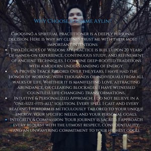 May include: A person with dark hair stands in a forest, overlaid with text: Why Choose Madame Aylin? Choosing a spiritual practitioner is a deeply personal decision. Two decades of wisdom, a proven track record, intuitive approach, and integrity.