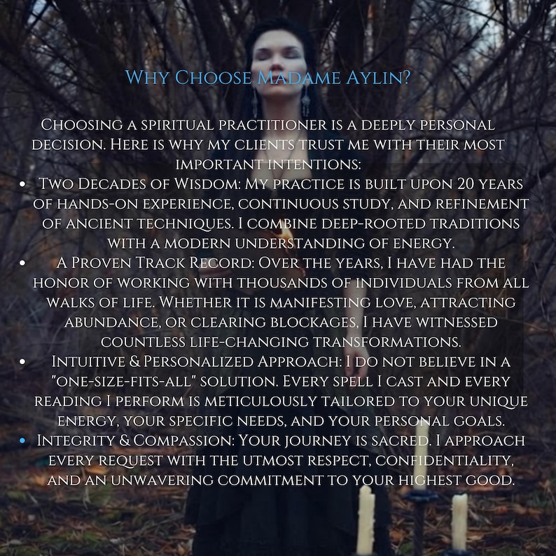 May include: A person with dark hair stands in a forest, overlaid with text: Why Choose Madame Aylin? Choosing a spiritual practitioner is a deeply personal decision. Two decades of wisdom, a proven track record, intuitive approach, and integrity.