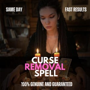 May include: A person with dark hair sits behind two lit orange candles and two tarot cards. Text overlays read: SAME DAY, FAST RESULTS, CURSE REMOVAL SPELL, 100% GENUINE AND GUARANTEED. The scene is dimly lit with a focus on the candles and cards.