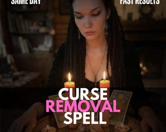 May include: A person with dark hair sits behind two lit orange candles and two tarot cards. Text overlays read: SAME DAY, FAST RESULTS, CURSE REMOVAL SPELL, 100% GENUINE AND GUARANTEED. The scene is dimly lit with a focus on the candles and cards.