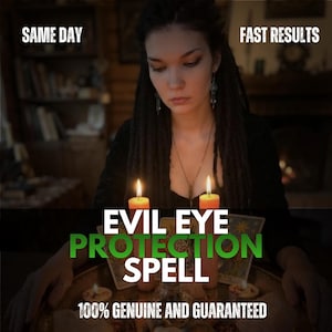 Könnte beinhalten: Zwei brennende orangefarbene Stumpenkerzen auf einem Tisch mit Tarotkarten, mit dem Text SAME DAY, FAST RESULTS, EVIL EYE PROTECTION SPELL und 100% GENUINE AND GUARANTEED. Die Szene ist schwach beleuchtet mit einer dunklen Atmosphäre.