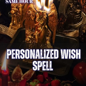 Könnte beinhalten: Eine goldfarbene Kerze in Form einer geflügelten Figur mit drei brennenden Dochten, platziert in einer schwarzen Schale. Der Text auf dem Bild lautet: 5 REVIEWS SAME HOUR, PERSONALIZED WISH SPELL, AURA & ENERGY READING. Frische Erdbeeren und Feigen liegen davor.