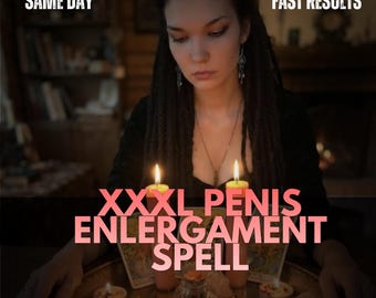 Puede incluir: Una persona de cabello oscuro con una prenda negra sentada tras dos velas encendidas y cartas de tarot. El texto dice: SAME DAY, FAST RESULTS, XXXL PENIS ENLERGAMENT SPELL, 100% GENUINE AND GUARANTEED. La escena tiene una iluminación tenue.