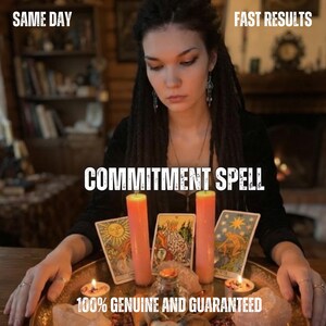 May include: A person with dark dreadlocks sits behind a gold tray containing two tall pink candles, three tarot cards, small tea light candles, and crystals. The text reads: SAME DAY, FAST RESULTS, COMMITMENT SPELL, 100% GENUINE AND GUARANTEED.