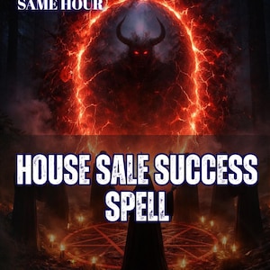 Può includere: Una grafica digitale con il testo 5 REVIEWS SAME HOUR, HOUSE SALE SUCCESS SPELL e AURA&ENERGY READING. L'immagine mostra una silhouette scura con le corna davanti a un portale rosso brillante, con figure in tunica che circondano un pentagramma.