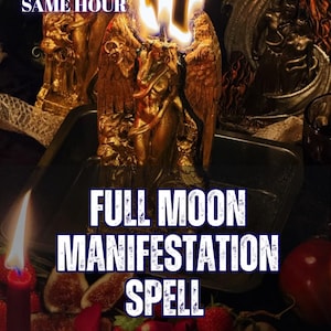 May include: A gold-colored candle shaped like a winged figure with three lit wicks. The text on the image reads 5 REVIEWS SAME HOUR, FULL MOON MANIFESTATION SPELL, and AURA & ENERGY READING. Fresh strawberries and sliced figs are arranged at the base.