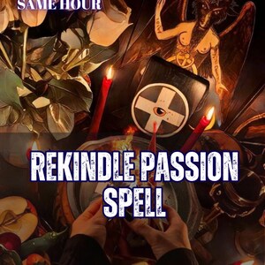 May include: A digital graphic featuring the text REKINDLE PASSION SPELL and AURA&ENERGY READING. The image displays a Baphomet figure, a black book with a white cross and eye symbol, red candles, and sliced apples, all set against a dark background.