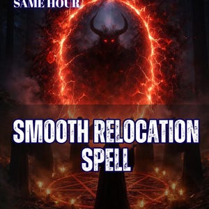 Puede incluir: Un gráfico digital con el texto 5 REVIEWS SAME HOUR, SMOOTH RELOCATION SPELL y AURA&ENERGY READING. La imagen muestra una figura oscura con capucha de pie dentro de un portal circular rojo brillante, rodeada de velas y un pentagrama.