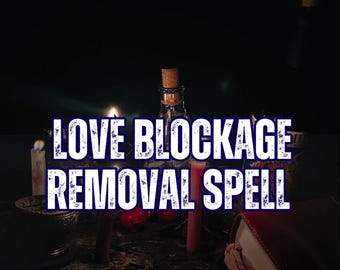 May include: A dark scene featuring lit candles, a glass bottle with a cork, and a red book. The text reads 5 REVIEWS SAME HOUR, LOVE BLOCKAGE REMOVAL SPELL, and AURA & ENERGY READING. The lighting is dim, highlighting the candle flames and objects.