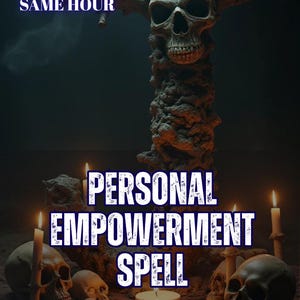 Könnte beinhalten: Eine dunkle, texturierte Skulptur mit einem zentralen Schädel auf einer Säule, umgeben von kleineren Schädeln und brennenden Kerzen. Der Text lautet 5 REVIEWS SAME HOUR, PERSONAL EMPOWERMENT SPELL und AURA & ENERGY READING in blauer und weißer Schrift.
