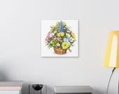 Mixed Flower Basket Botanical Watercolor Art | Colorful Spring Bouquet Wall Decor, detail view (Bill Shew)