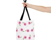 Pink Dahlia Botanical Watercolor Tote Bag, Floral Canvas Carryall, close-up (Bill Shew)