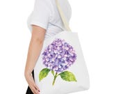 Purple Hydrangea Watercolor Tote Bag, Botanical Floral Shoulder Bag, in-room view (Bill Shew)