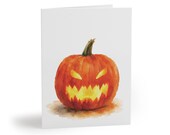 Jack O Lantern Halloween Greeting Card, Watercolor Halloween Card by Bill Shew
