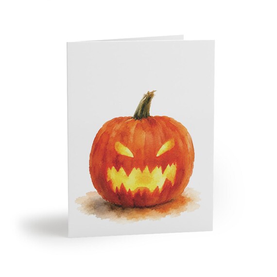 Jack O Lantern Halloween Greeting Card, Watercolor Halloween Card by Bill Shew