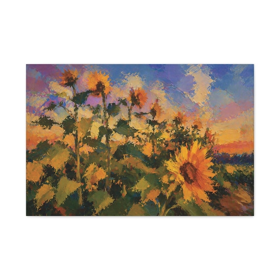 Sunflower Field Canvas Print, Purple Sunset Sky Digital Art Print, Botanical Wall Art, Canvas Wall Decor, Bill Shew wall art print